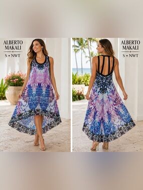 Alberto Makali Hi Low Dress womens sz Small Blue Pink Printed Racerback new flow